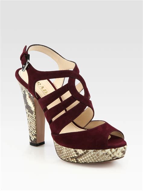 prada red patent sandals|Prada suede platform sandals.